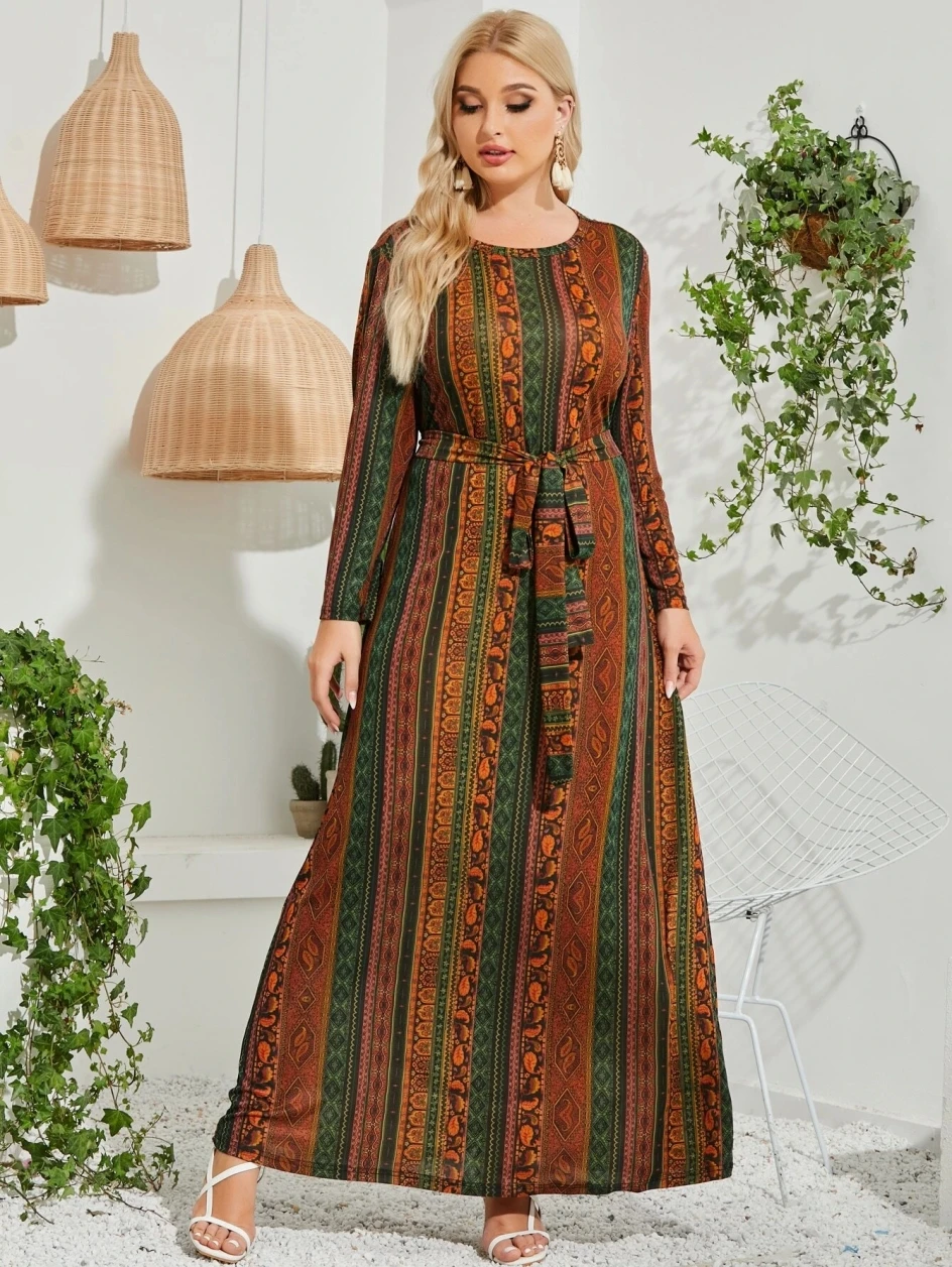 Winter Dress Women 2024 Female Long Sleeve Striped Retro Printing Vintage Dress Plus Size Loose Large Abaya Dubai Turkey Dress