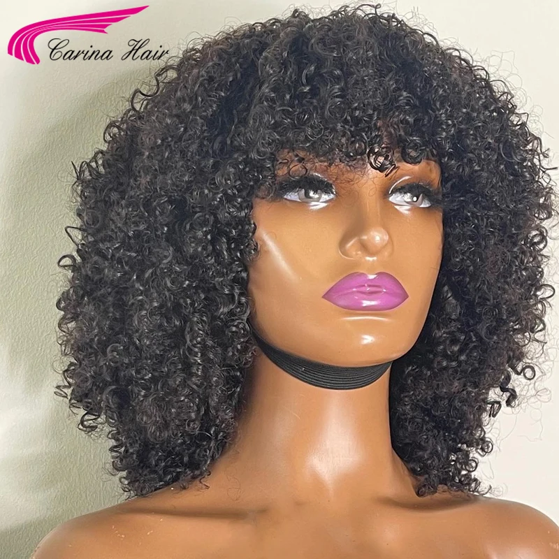 

Afro Kinky Curly Wig With Bangs Machine Made Scalp Top Wig 200 Density Remy Brazilian Short Curly Human Hair Wigs Preplucked