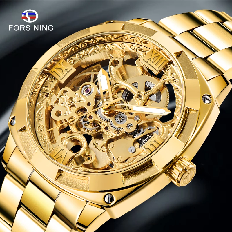 

2024 Forsining Fashion Retro Men's Automatic Mechanical Watch Top Brand Luxury Full Golden Design Luminous Hands Skeleton Clock