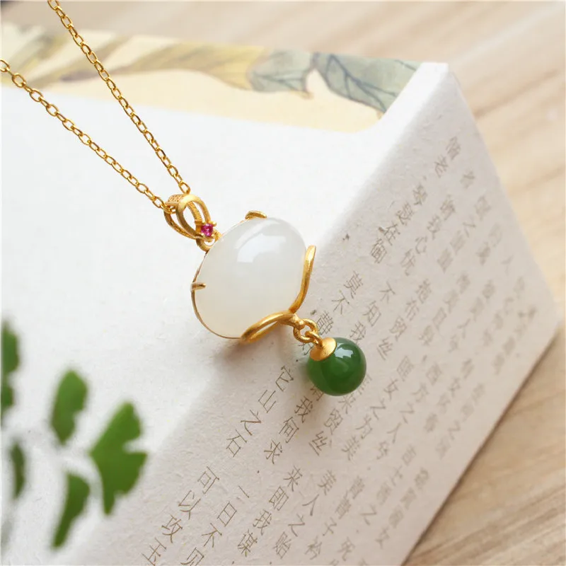 S925 Sterling Silver Gold-plated Natural Hetian Jade Oval Egg Noodle Necklace Pendant Fashion Simple Wild Elegant Female Models