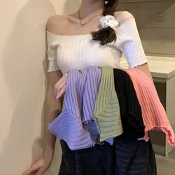 Off Shoulder Knitting Tops White Knitted Womens Sweater Summer New Stretchy Ruffle Hem Wild Sweater Short Sleeve Stripes Sweater