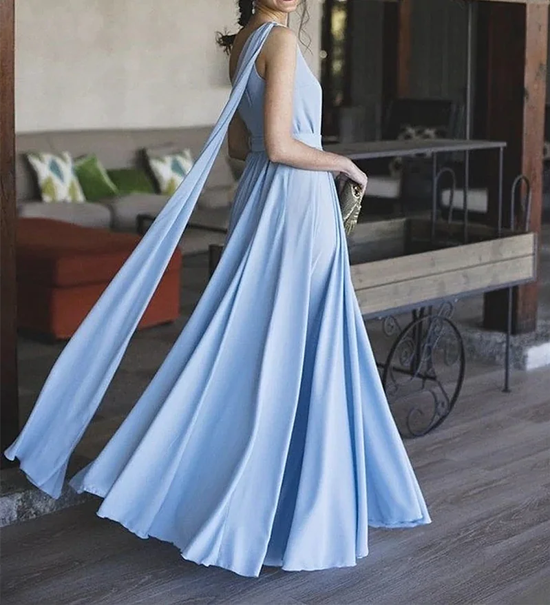 Chiffon Evening Dress Blue Simple Elegant For Wedding A-lne One Shoulder Sleeveless Floor Length Prom Dress платья знаменитостей