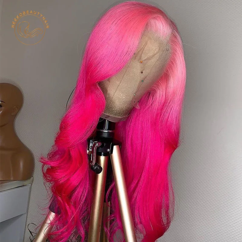 Peluca de cabello humano ondulado, postizo de encaje Frontal, ombré, rosa claro, rosa oscuro, 13x4, 180% de densidad, 2 tonos de color