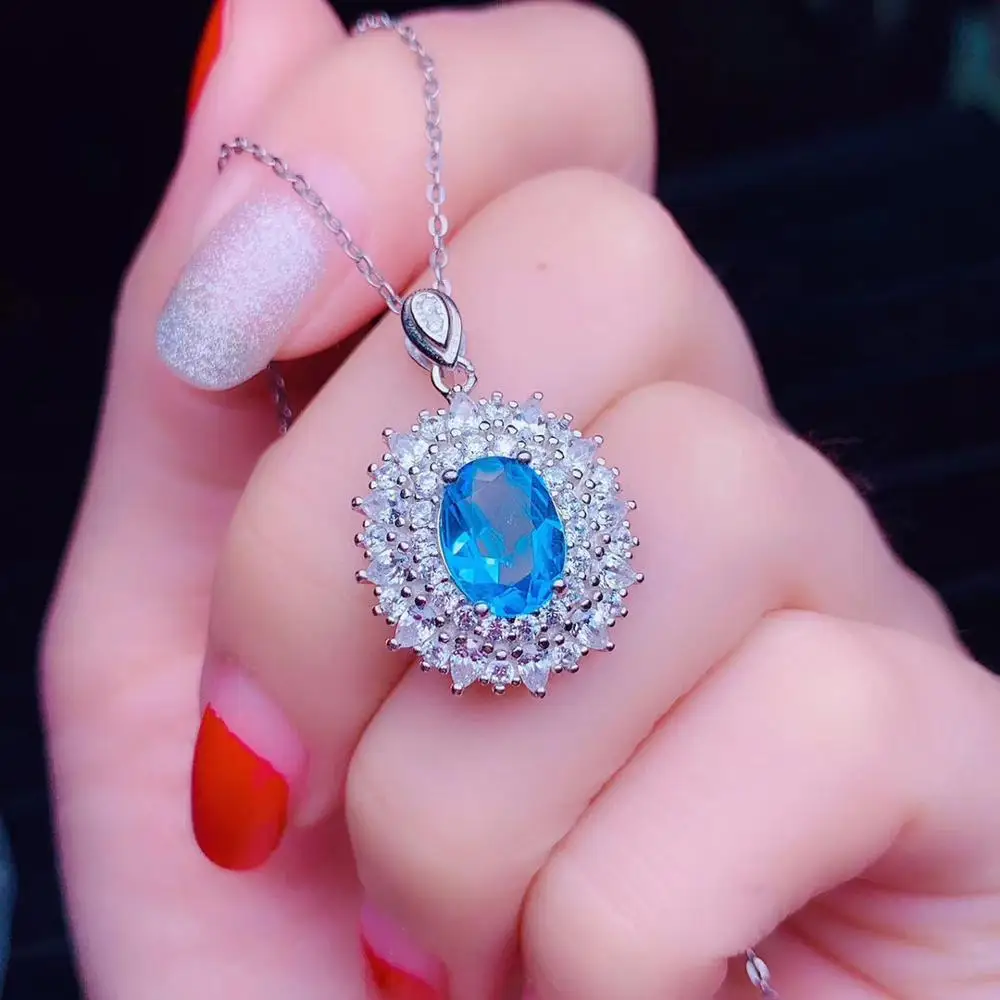 مجوهرات بوتيك KJJEAXCMY من الفضة الإسترليني عيار 925 مرصعة بالتوباز الأزرق الطبيعي قلادة خاتم بدلة دعم كشف فاخر