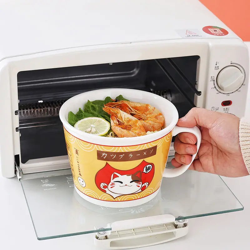 cat noodle Cup bowl ins style creative with cover box Student lunch box instant noodle soup bowl set dinner lunch Ceramic bowl