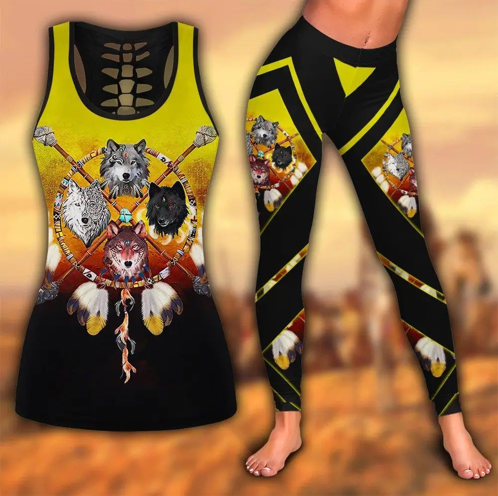 

Native Indian Wolf 3D All Over Printed Legging + Hollow Tank Combo Sexy Elastic Female Skinny Leggings DDK43 Drop shipping