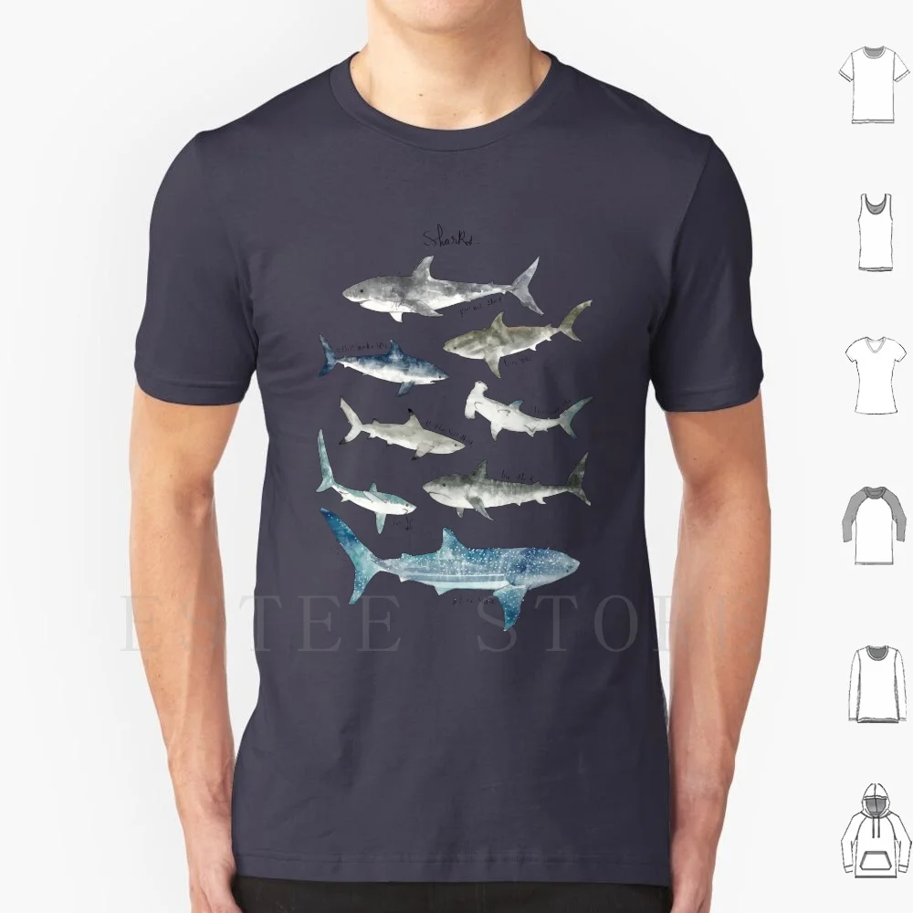 Sharks T Shirt Print Cotton Sharks Shark Ocean Sea Nature Animals Animal Wildlife Wild Fauna Creature Great White Shortfin Mako