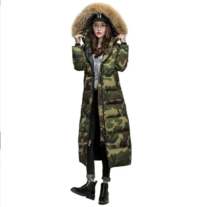 Abrigo de plumas para mujer, ropa de marca coreana, Chaqueta larga de plumón de pato, con capucha de piel de mapache, abrigo grueso y cálido, 2020
