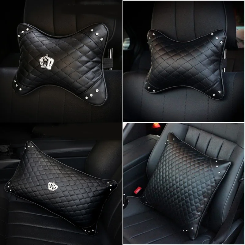 Universal PU Leather Car Pillows Diamond Rhinestone Auto Interior Neck Headrest Seat Support Waist Pillow Car Accessories