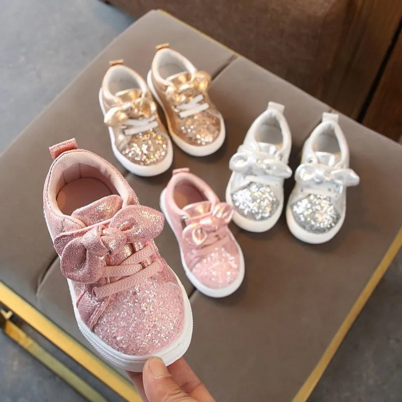 Cute Girls Casual Shoes Sneakers Toddler Baby Girls Bow Sequin Crib Trend Casual Shoes Kids Children Anti Slip Pink Dress Shoes