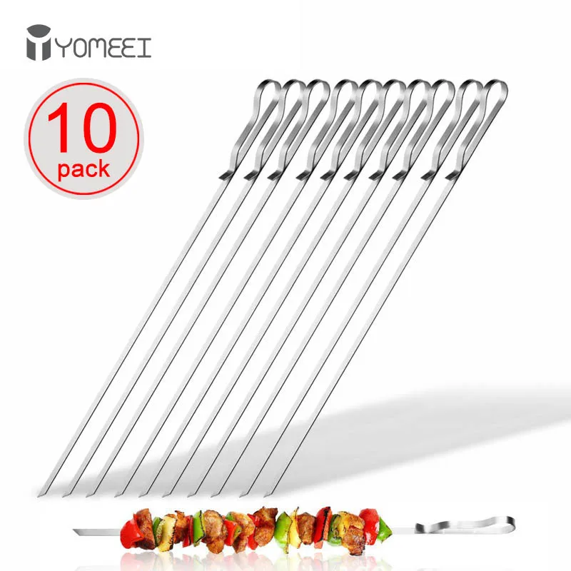 

YOMEEI 10Pcs/set BBQ Skewers Stainless Steel BBQ Needle Barbecue Meat String Barbeque Skewers Cooking Roasted Skewers Tools