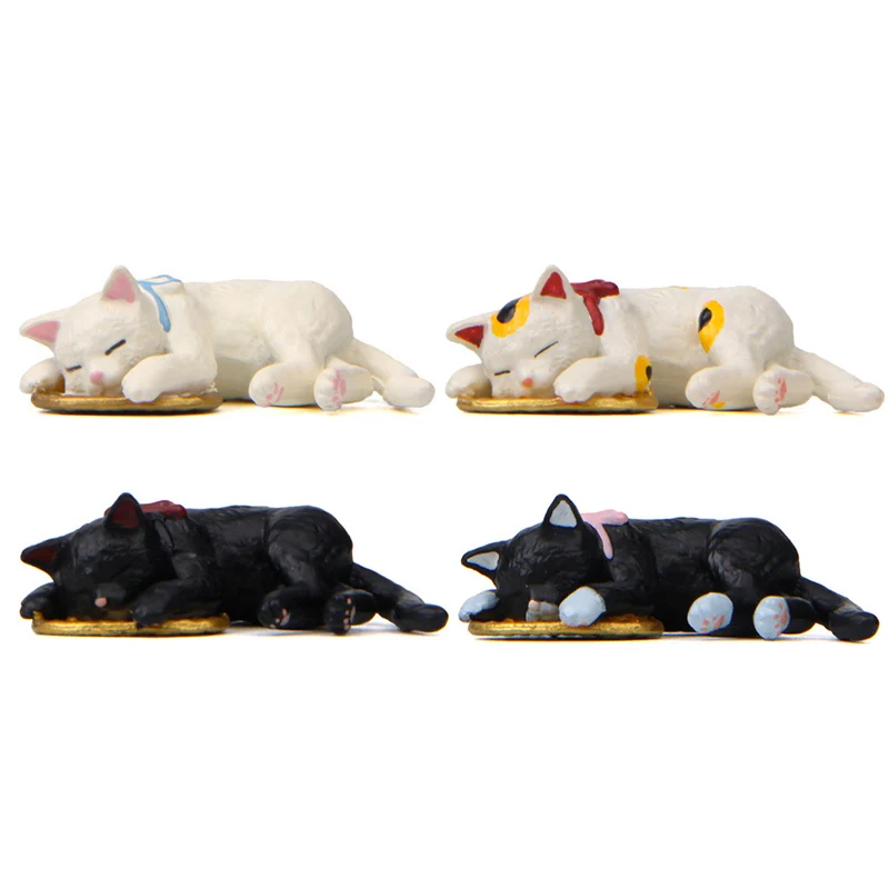 1Pc Creative Lovely Sleeping Lucky Cat White Black Kitten Miniature Figurine Toy Action Figures Decoration Toys for Kids Gift