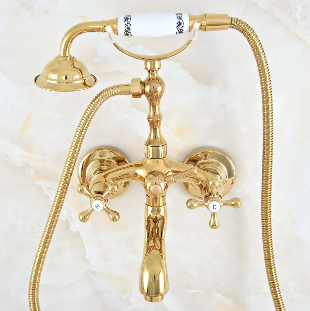 Luxury Gold Color Brass Bathroom Wall Mounted Clawfoot Tub Faucet Taps Set With Hand Held Shower Head Spray mna807