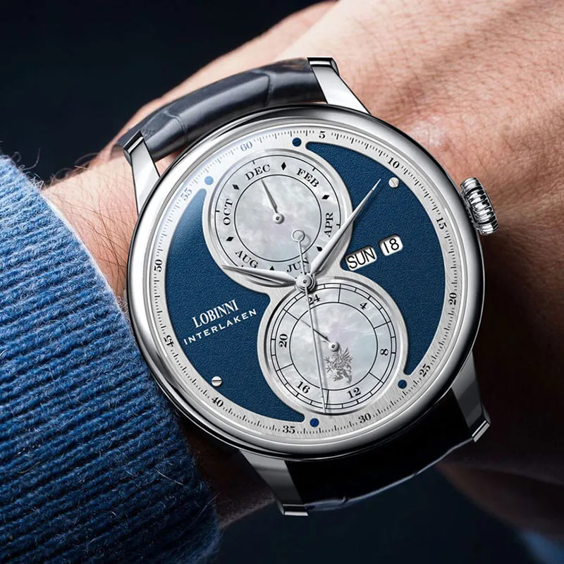 LOBINNI Calendario multifunzione Orologi da uomo Movimento a gabbiano Orologi meccanici automatici da uomo Orologio impermeabile in vetro zaffiro
