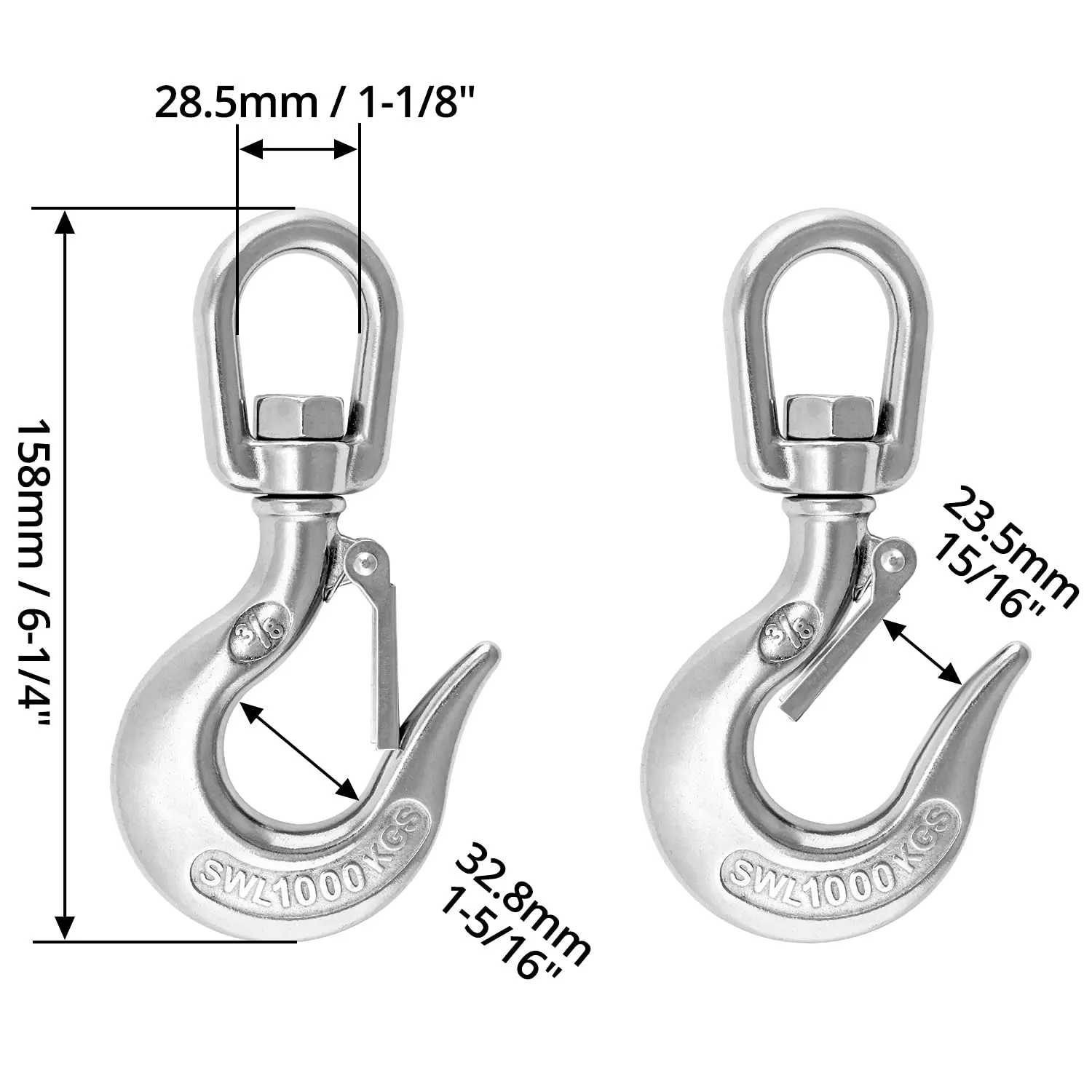 Kait Putar Derek 304 Kait Rantai Clevis Pengangkat Putar Baja Tahan Karat dengan Kait Pengaman 2000lb