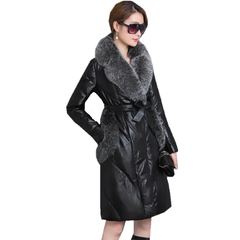 Women's Leather Boollili Jacket Winter Warm Coat Female White Goose Down Jackets Faux Fox Fur Collar Coats Parkas Mujer