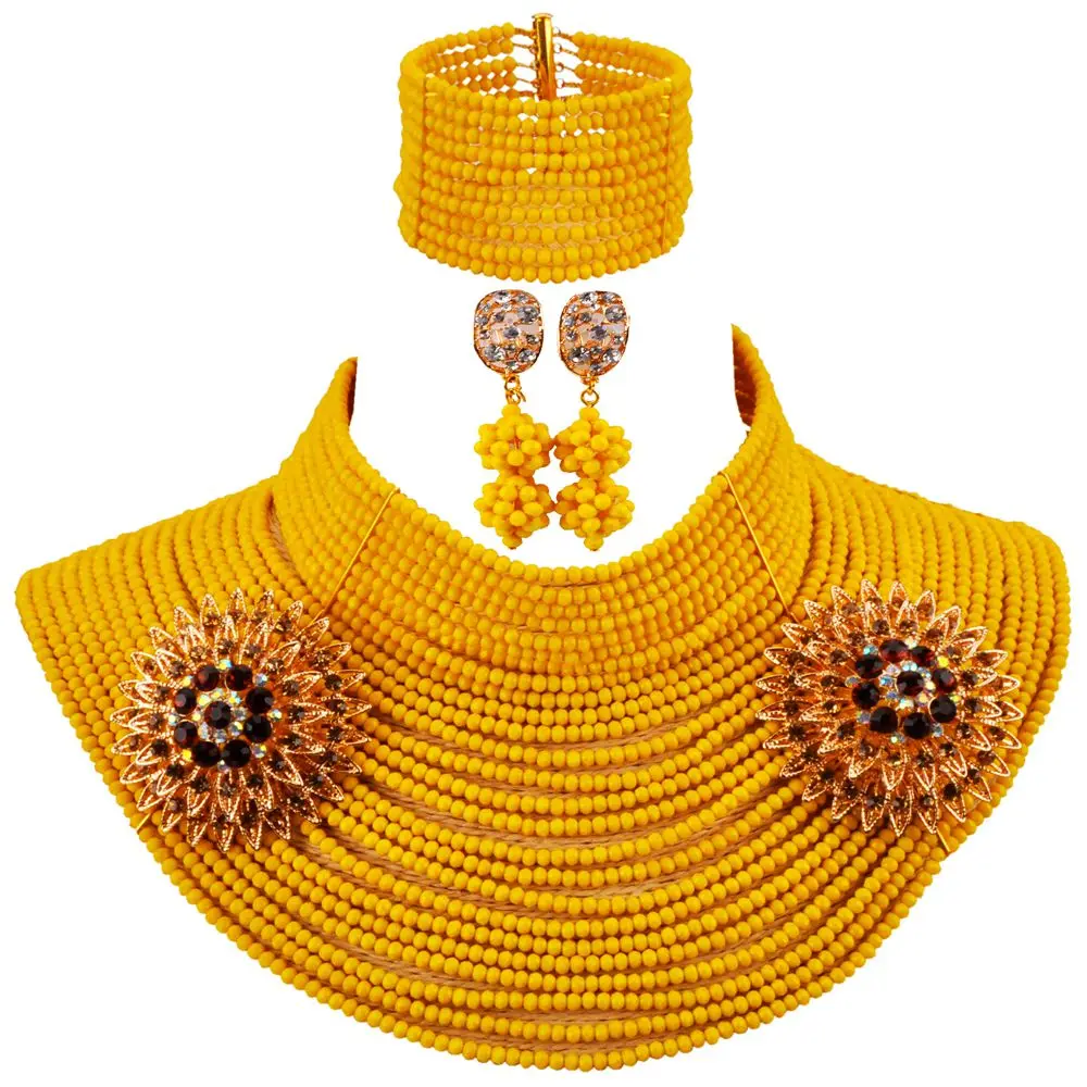 

stylish opaque yellow 25 rows choker necklace nigerian wedding african beads jewelry set crystal