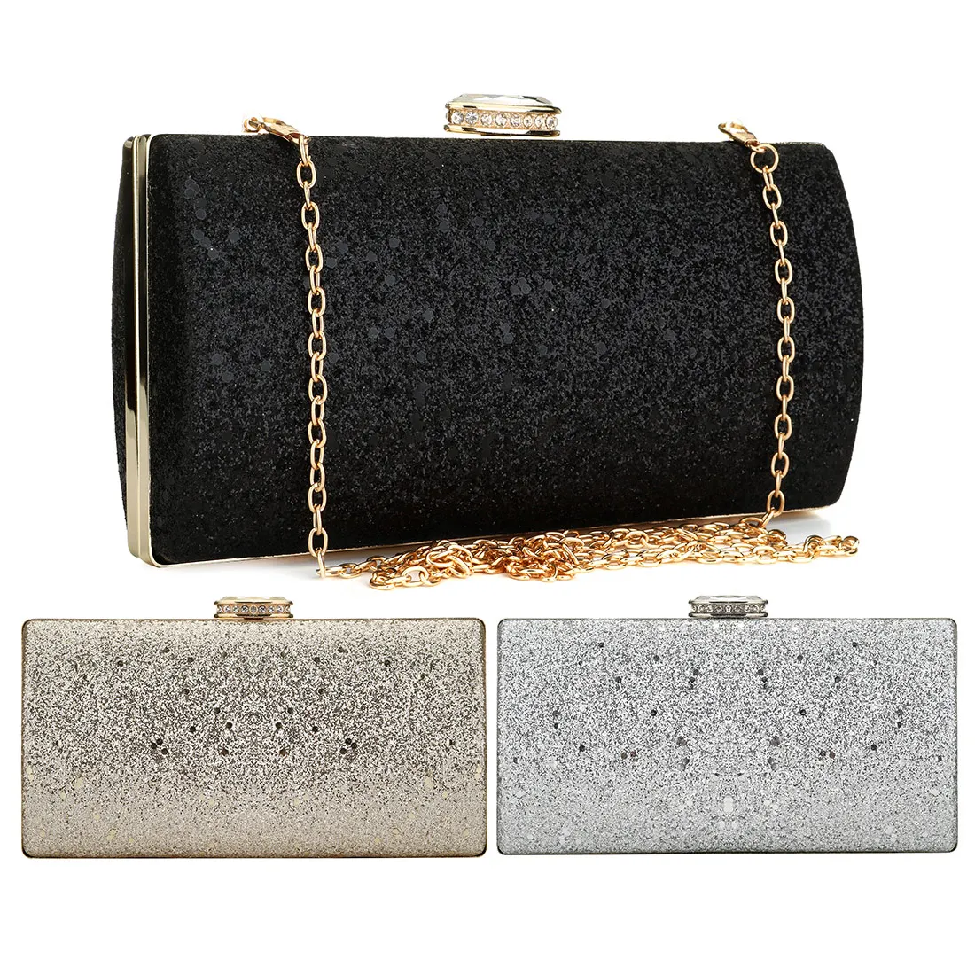 Black Sequined Clutch Bags Leather Clutch Bag With Rhinestone Ladies Elegant Evening Party Pouch Rectangle Hard Surface Purse