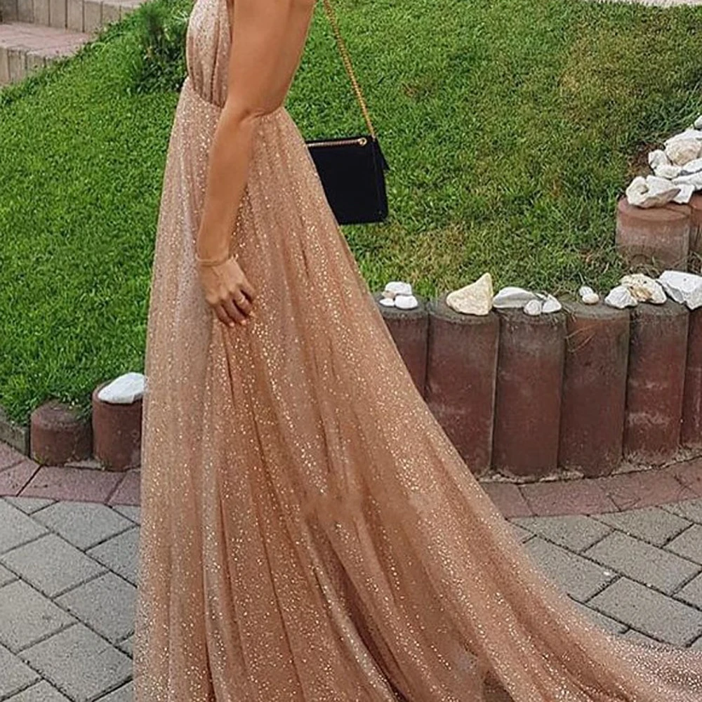 Seksowne suknie wieczorowe Backless Spark cekiny linia dekolt złota z cekinami Party długa suknia balowa vestido de formatura wieczór