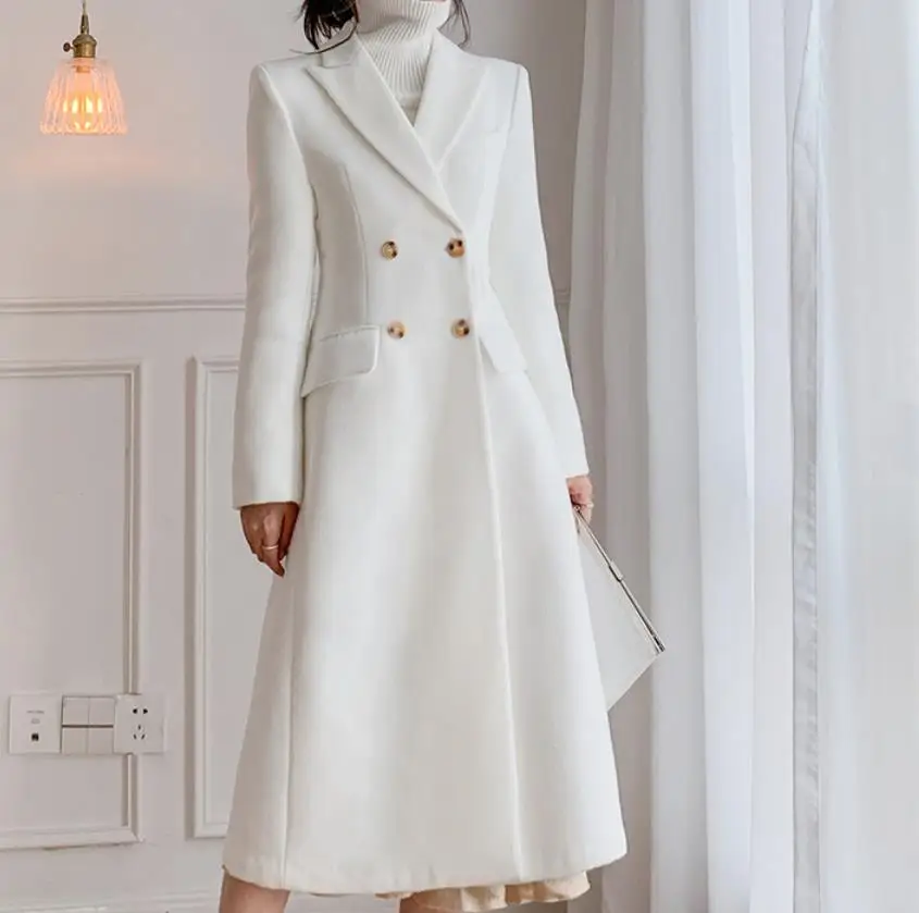 Winter Woolen Coat Women Elegant White Thickening Warm Cashmere Wool Blends Outerwear Fashion long Overcoat