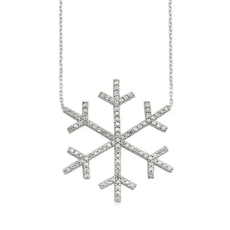 Silver Snow Snowflake Lady Necklace Zircon Stone 925 Sterling Women Fine Jewelry Wedding Party Birthday Gift - Box - Pendant - Chain Choker - Female - Ladies - Fashion