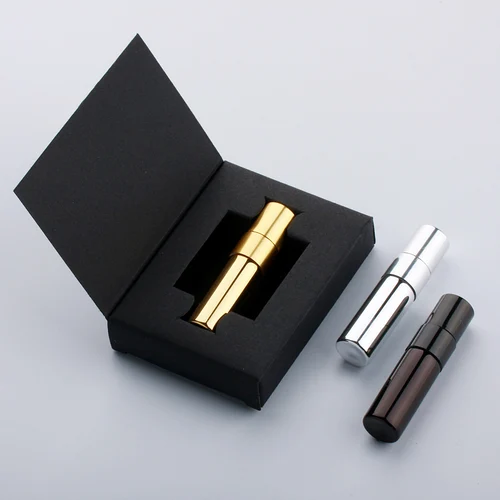 50 unids/lote de botellas de Perfume de 3ml, caja de paquete de colocación de atomizador, botella de Spray blanca o negra, regalo