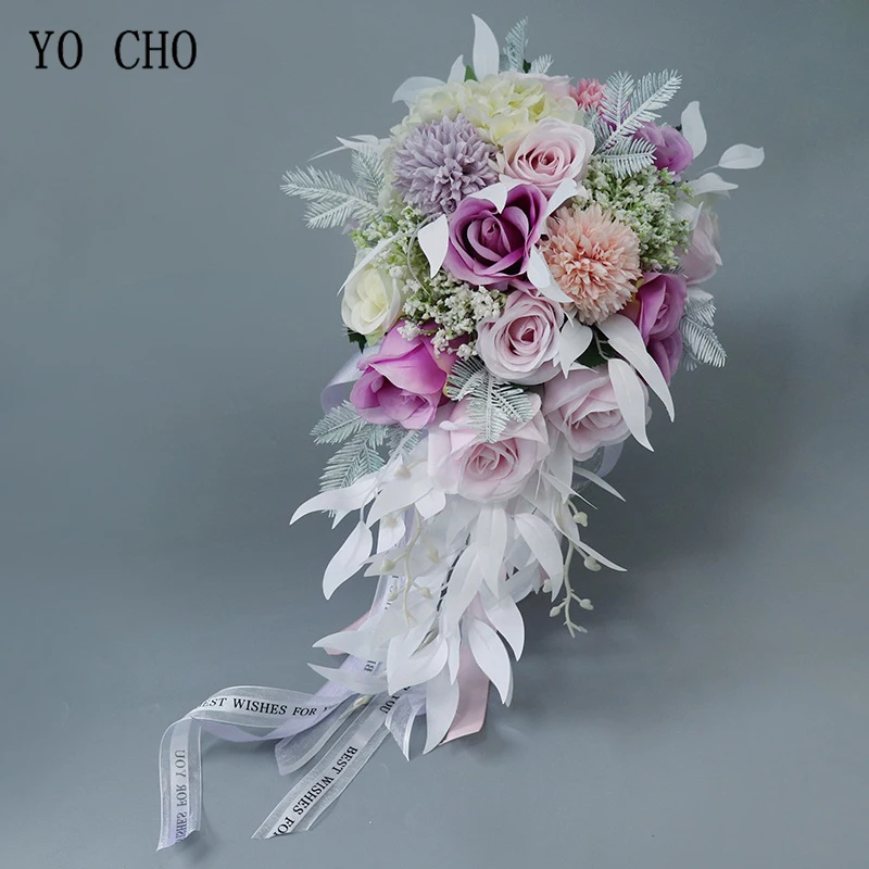 YO CHO Silk Rose Wedding Bride Bouquet Hand Hold Flower Decoration Holiday Party Supply European Waterfall Roses Wedding Bouquet