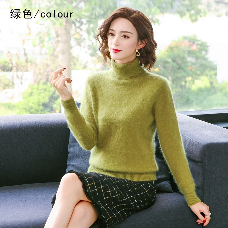 Winter Women Sweater Solid Color 100% Mink Cashmere Turtleneck Knitted Pullovers Loose Soft Warm Female Long Sleeve Sweater