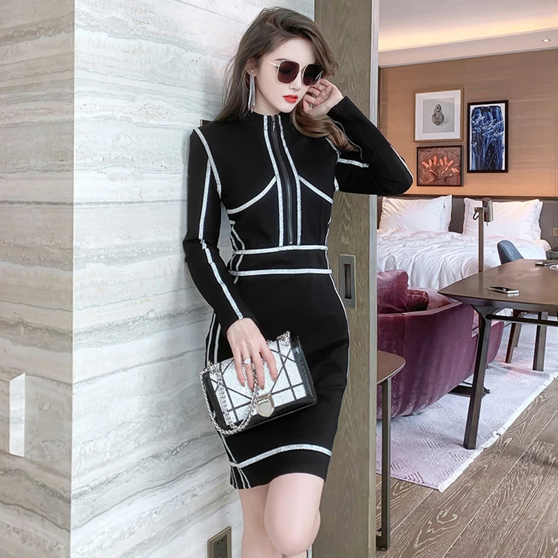 

Fashion French Style Women Retro Stand Collar Long Sleeve Split Mini Party Dress Elegant Sexy Street Clothes Zipper Casual Dress