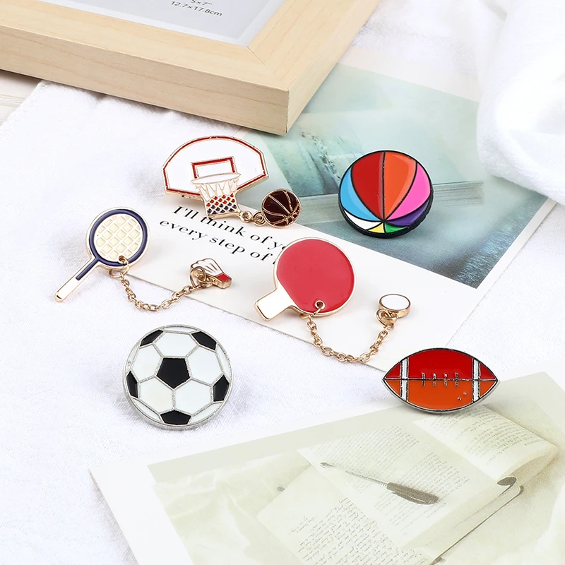 Sports Ball Series Brooch Soccer Basketball Ping Pong Enamel Pin with Chain Cartoon Fashion Accessories Denim Badge Jewelry Gift