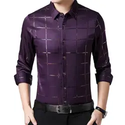 Slim Male Dress Shirt Large Plaid Satin Surface Non-iron Turn Down Collar Single Breasted Casual Business Shirts for Men