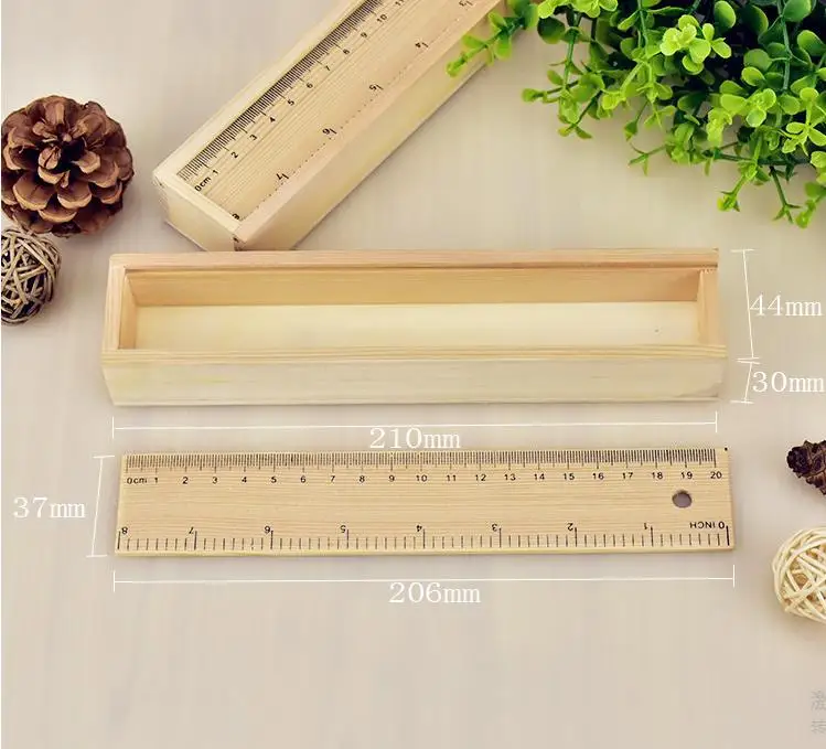 100pcs Wood Pencil Box with Ruler Set Wooden Pencil Case Student Stationery Storage Box Supplies SN1551