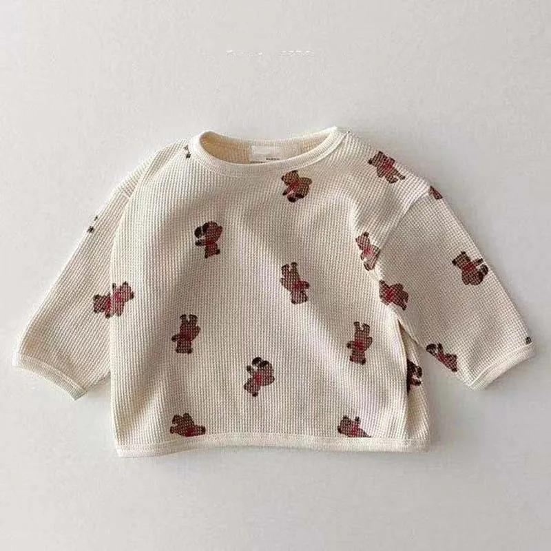 Spring Baby Clothing Infant Cartoon Floral Baby Brief Hoodies Waffle Kids Boys Girls Base Blouse Sweatshirts