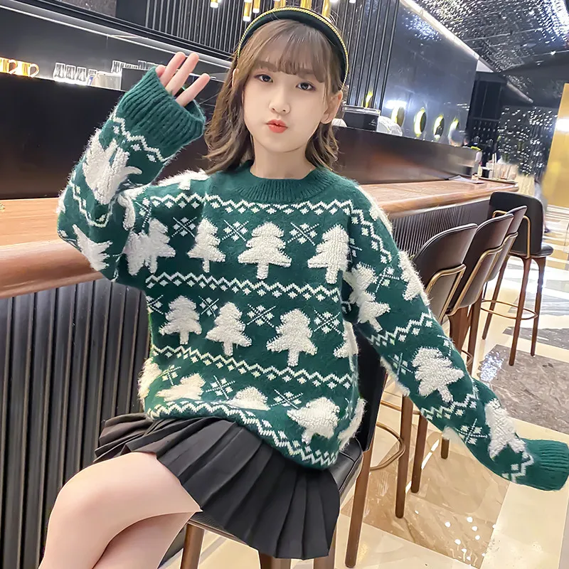 Knitted Sweater for Girls New Winter Children Crochet Clothes Cotton New Year Christmas Outfit Kids Sweaters Outwear 4-14 Years