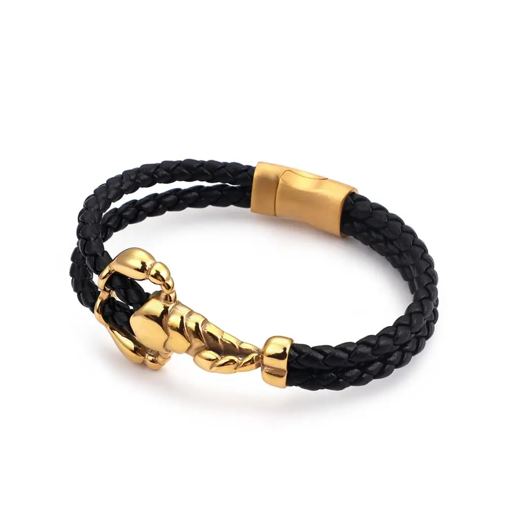 

Vintage Men Jewelry Hand-made Woven Bangle 3D Scorpion Stainless Steel With PU Leather Bracelet