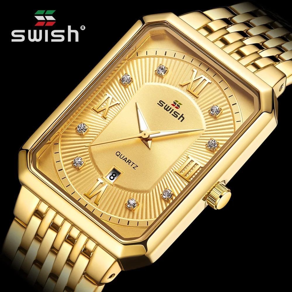 Golden Rectangle Watches Men Top Brand Luxury Mens Waterproof Business Quartz Wristwatch Diamond Date Clock Relogio Masculino