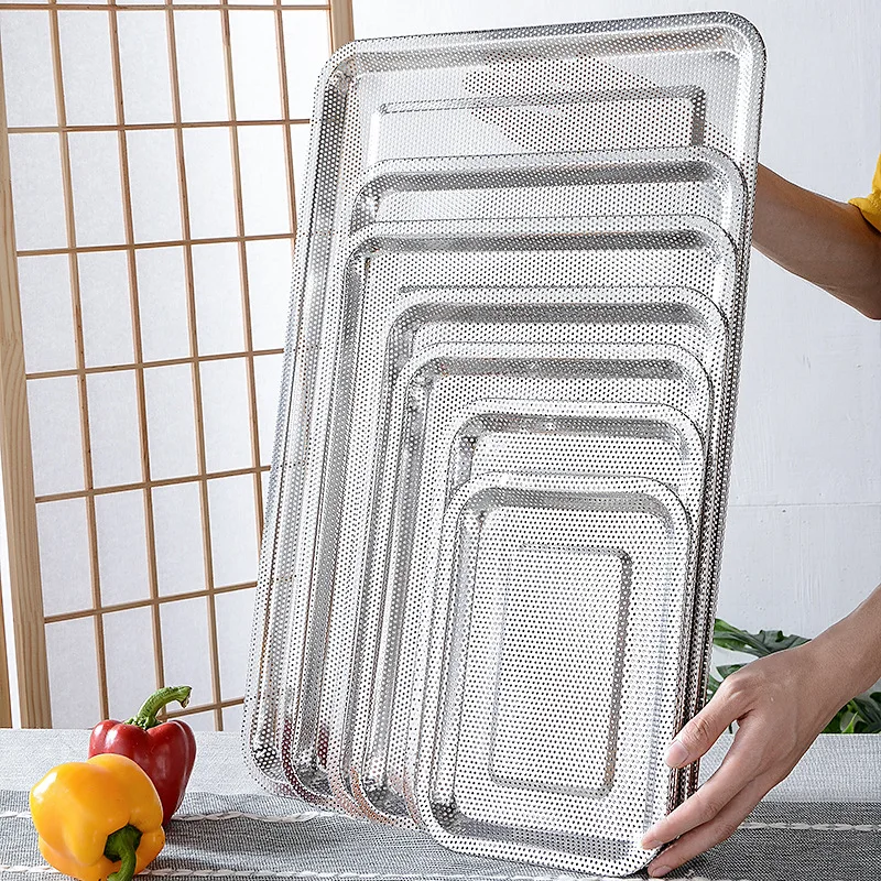 Thickened Stainless Steel Dense Hole Drain Tray Rectangle Frying Oil Filter Pan Fruit Vegetable Storage Dish Kitchen Accessories