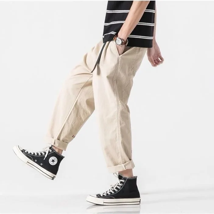 Cotton Man Pants Streetwear Wide leg Harem Pants Sweatpants Male Korean Fashion Trousers With Belt Causal Embroidery