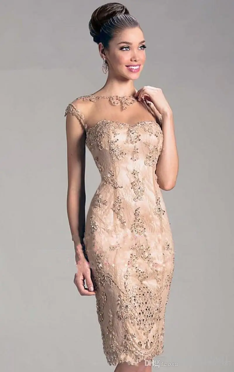 

Champagne Cocktail Dresses Sheath Cap Sleeves Knee Length Beaded Lace Party Homecoming Dresses