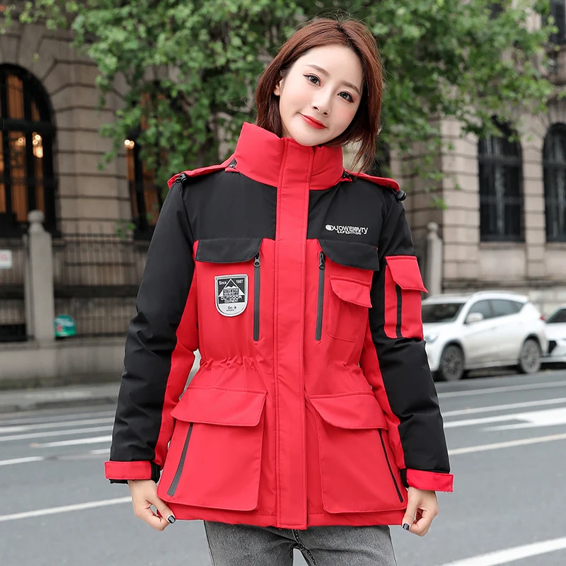 

Women's Winter Jacket Patchwork Hooded Short Parkas Woman Plus Size Thick Stand Collar Safari Style Big Pockets Female Cold Coat