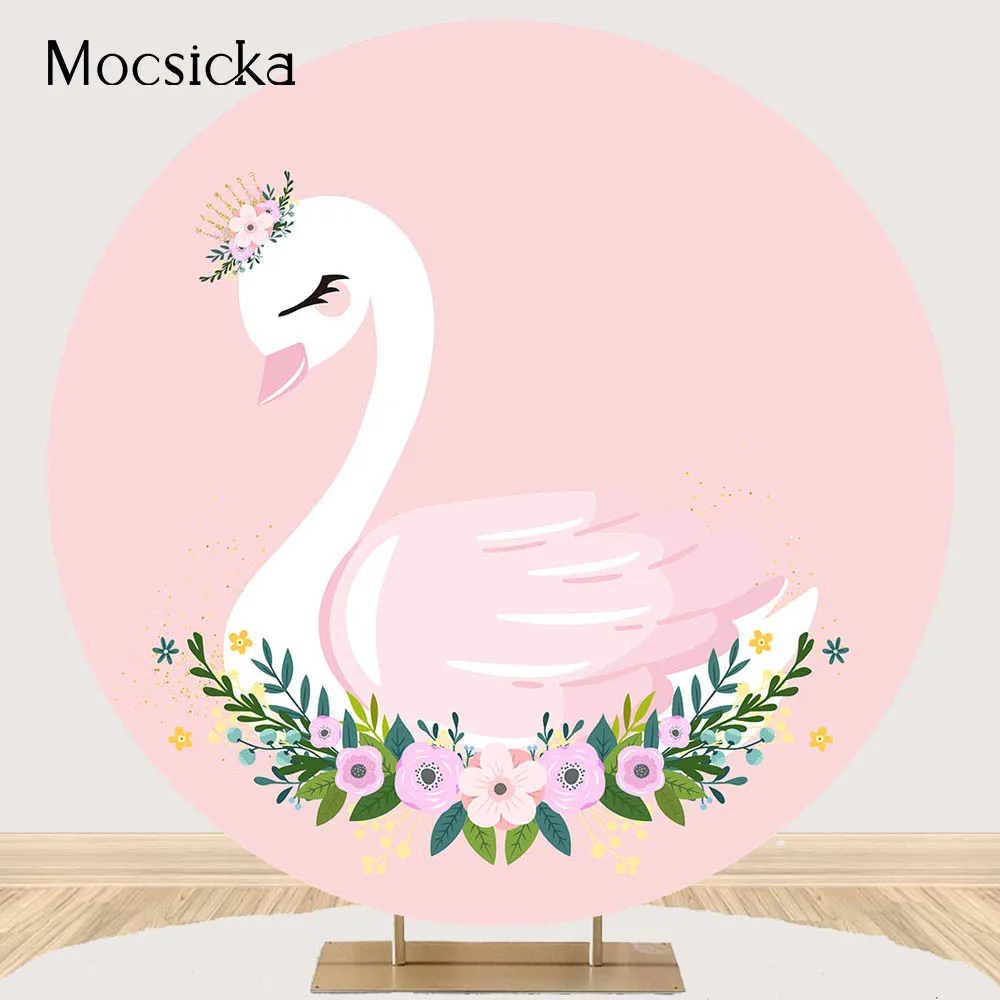 Swan Birthday Backdrop Pink Girl Newborn Kids Round Circle Background Elastic Polyester Chilren Baby Shower Party Decorations
