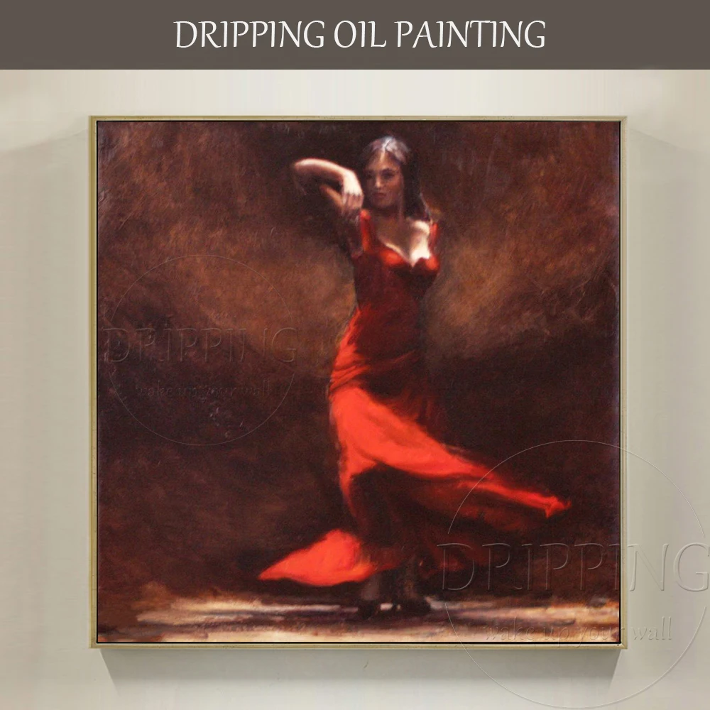 Handmade High Quality Spanish Flamenco Dancer Portrait Oil Painting on Canvas Beauty Lady Dancer with Red Dress Oil Painting