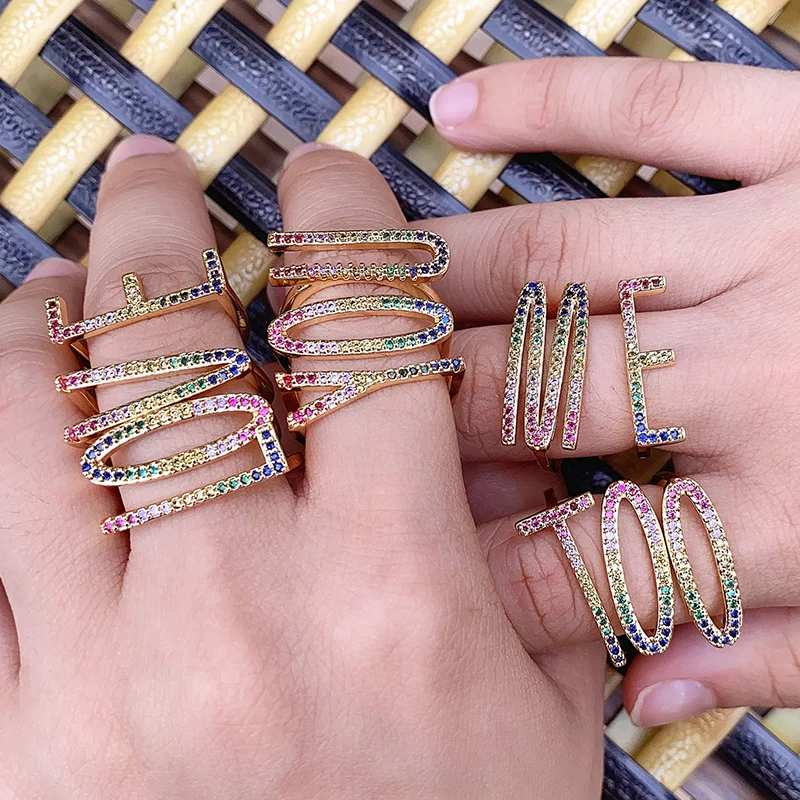 Kinel موضة A-Z رسالة قوس قزح خاتم الذهب اللون DIY بها بنفسك اسم الأحرف الأولى الأبجدية النساء حفلة تشيكوسلوفاكيا الزركون خاتم بوهو مجوهرات