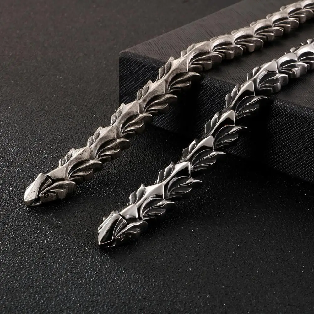 Fongten 17mm Width Dragon Chain Bracelet For Men Stainless Steel Charms Men Bracelets Bangle Ancient Silver Color Jewelry