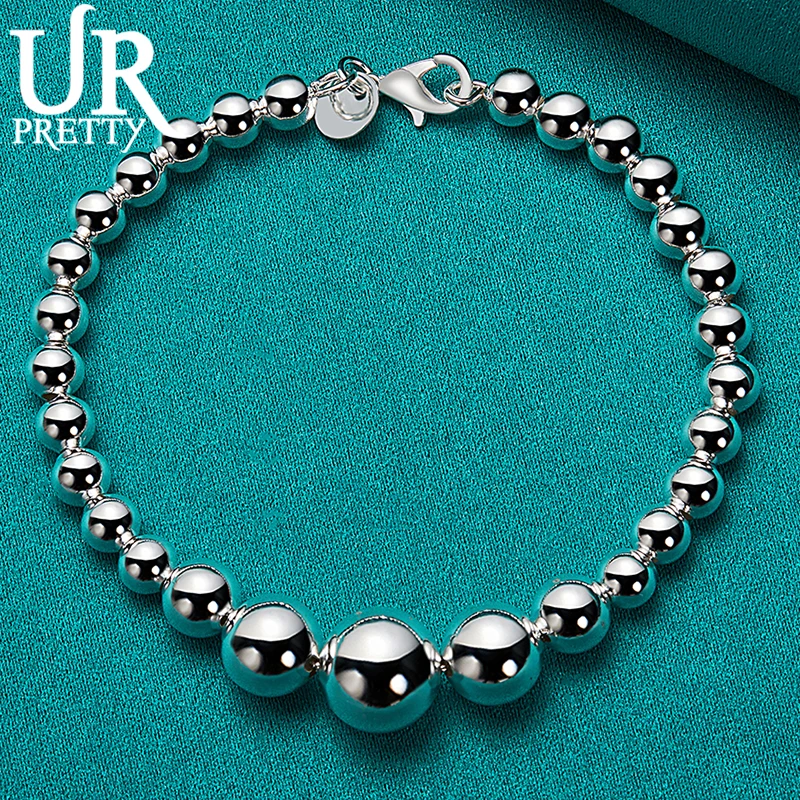 URPRETTY-pulsera de plata de ley 925 para mujer, cadena de bolas redondas y lisas, joyería de compromiso de boda