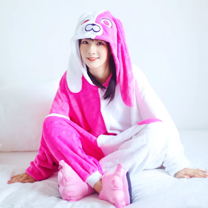 

HKSNG Adult Long Ear Rabbit Kigurumi Onesie Cartoon Flannel Pajamas Animal Halloween Party Costume Jumpsuits Hooded Pyjamas