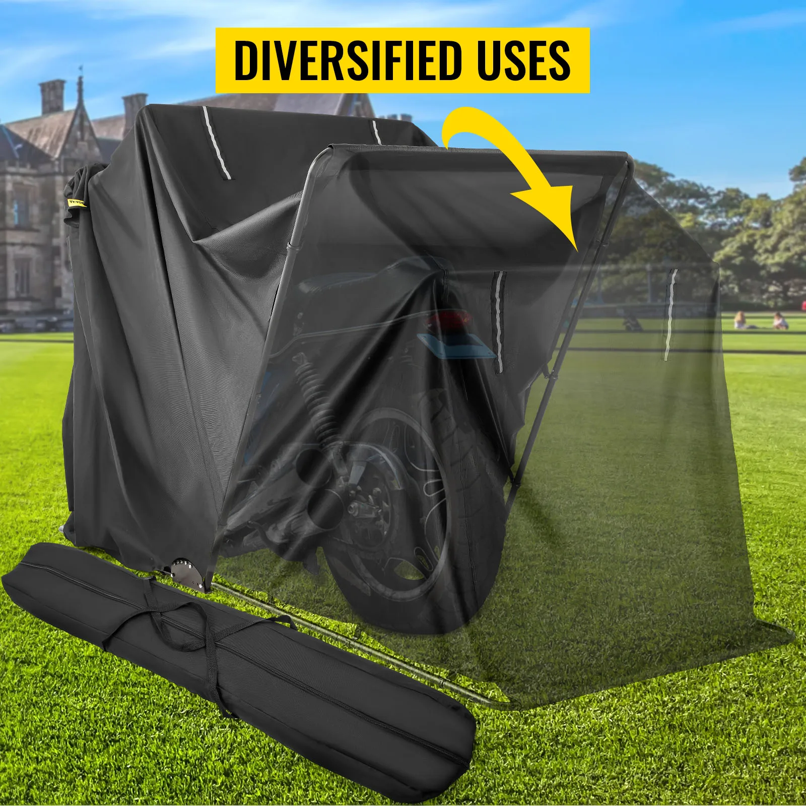 VEVOR Motorcycle Shelter Black Retractable Waterproof UV Protected Windproof Dustproof Anti-Fading Storage Cover Tent W/ Lock