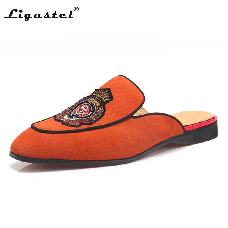 Ligustel Men Shoes Original Handmade Loafers Man Summer Party Shoes Men Flats Leather Orange Loafers Big Size Red Bottom Shoes