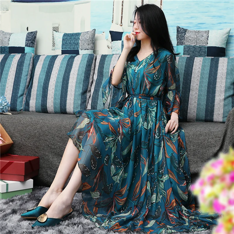 Lange Bloemenprint Jurk 2023 Zomer Flare Mouwen V-hals Casual Losse Vocation Chiffon Grote Maat Beach Maxi Jurken Blauw