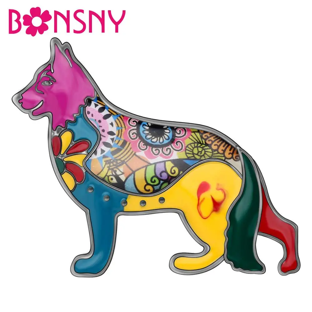 

Bonsny Alloy Enamel Floral German Shepherd Dog Brooches Pin Clothes Scarf Animal Decorations Jewelry For Women Girls Charms Gift